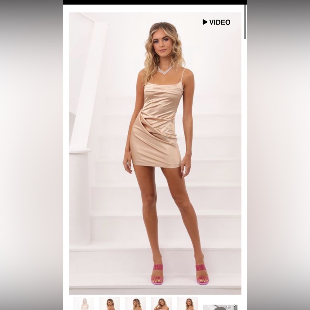 lucy in the sky champagne satin mini dress